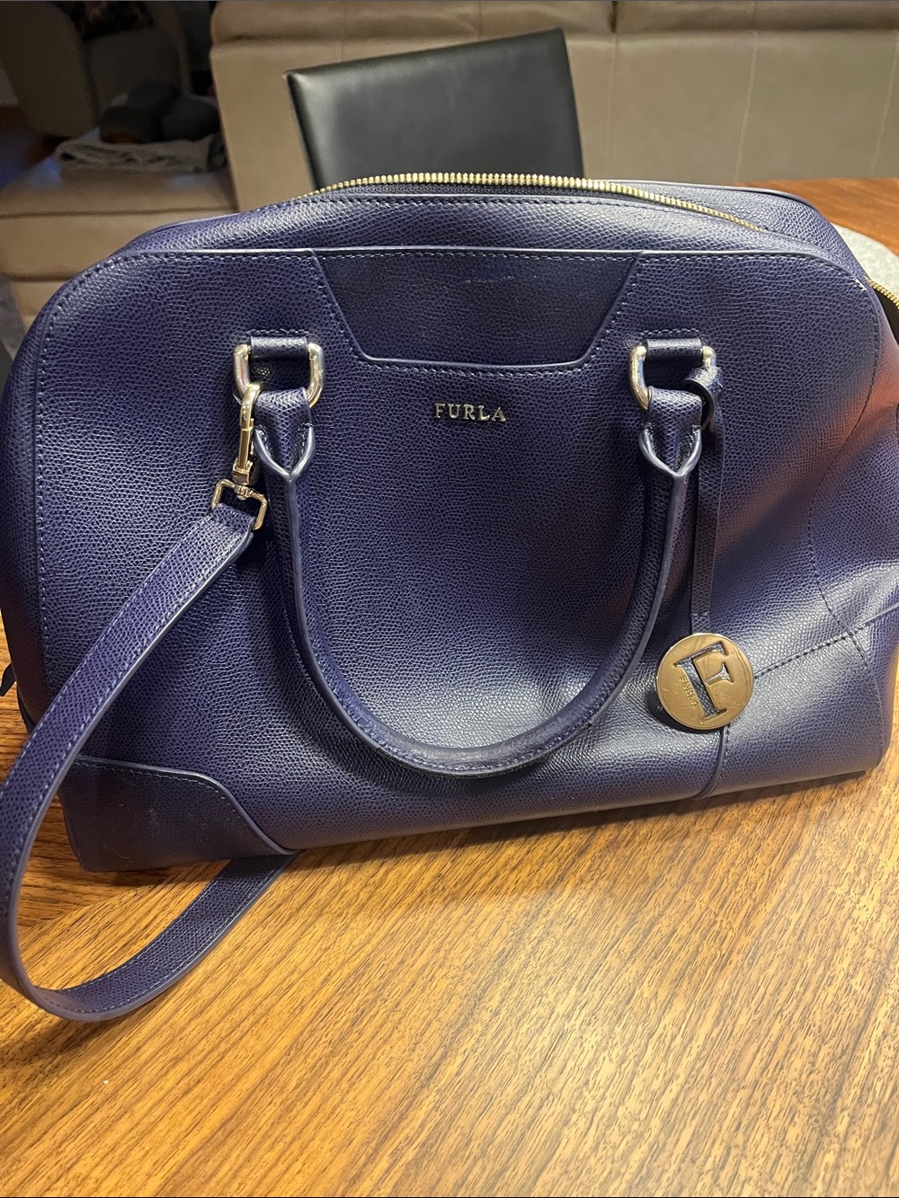 Furla Deep Navy Dome Satchel with Gold Accent